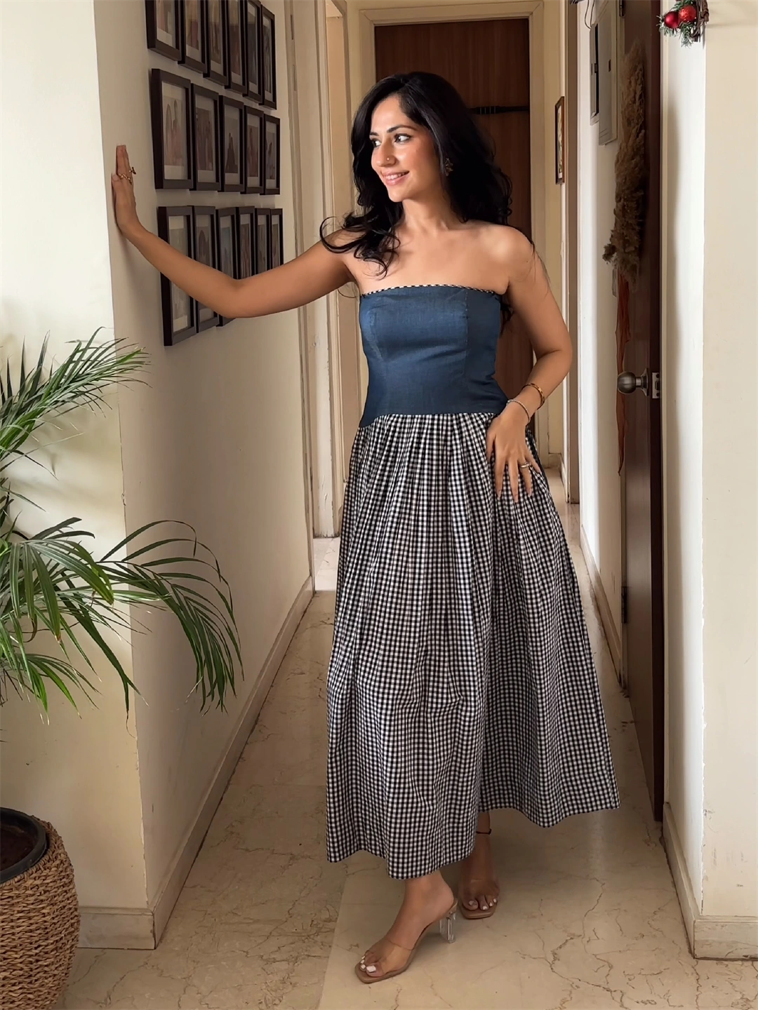 DENIM TUBE DRESS WITH BLACK/WHITE CHECKS