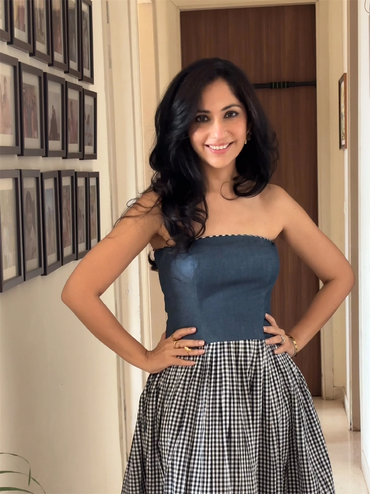 DENIM TUBE DRESS WITH BLACK/WHITE CHECKS