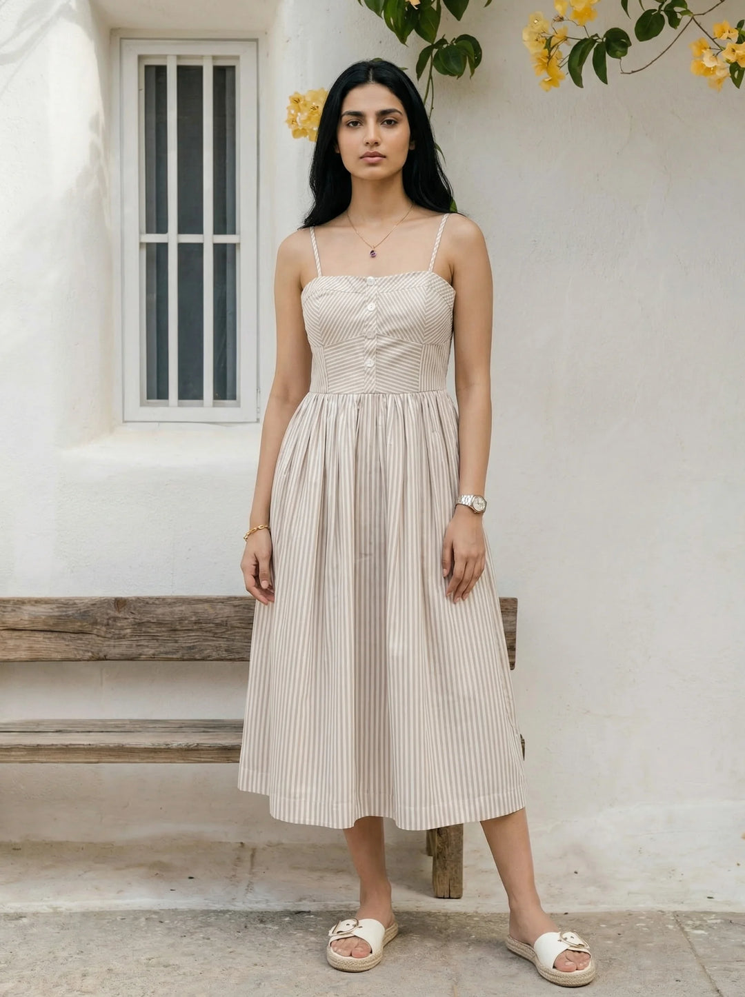 Checks and Stripe dress in Caramel