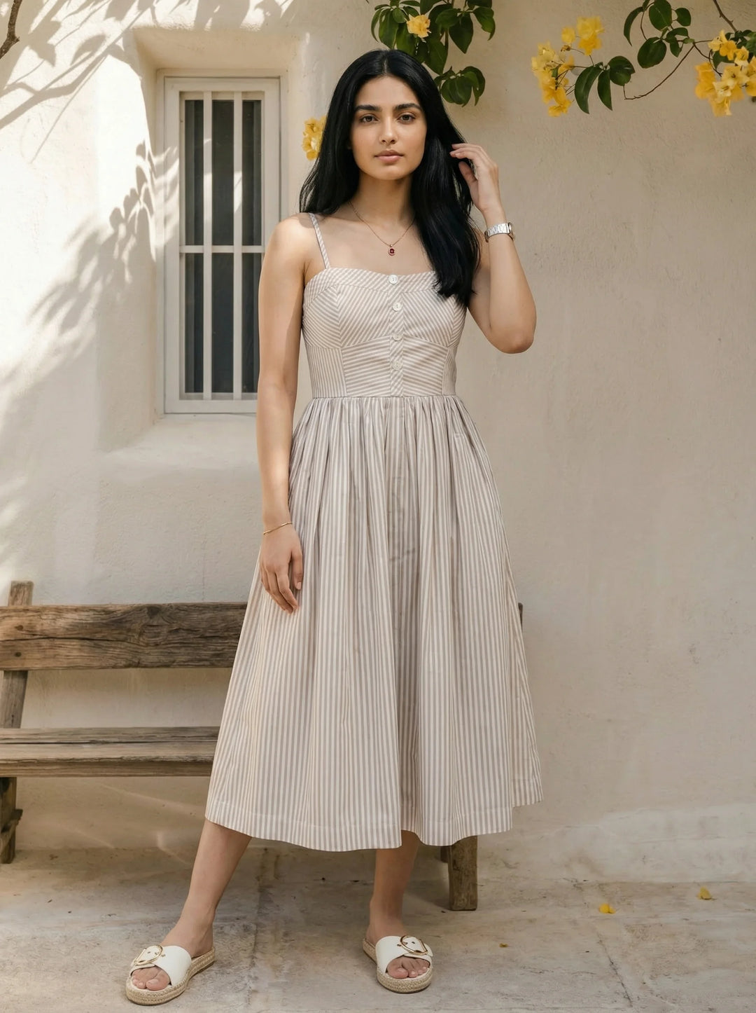 Checks and Stripe dress in Caramel