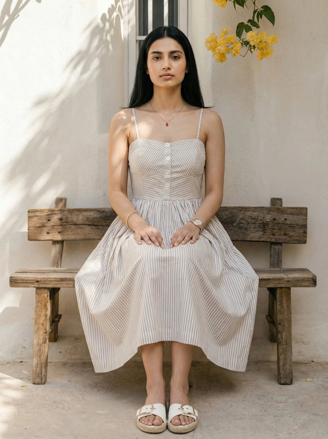 Checks and Stripe dress in Caramel