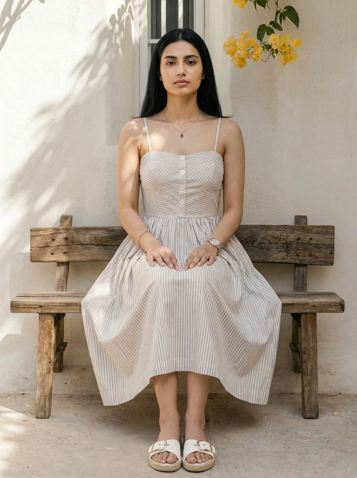 Checks and Stripe dress in Caramel