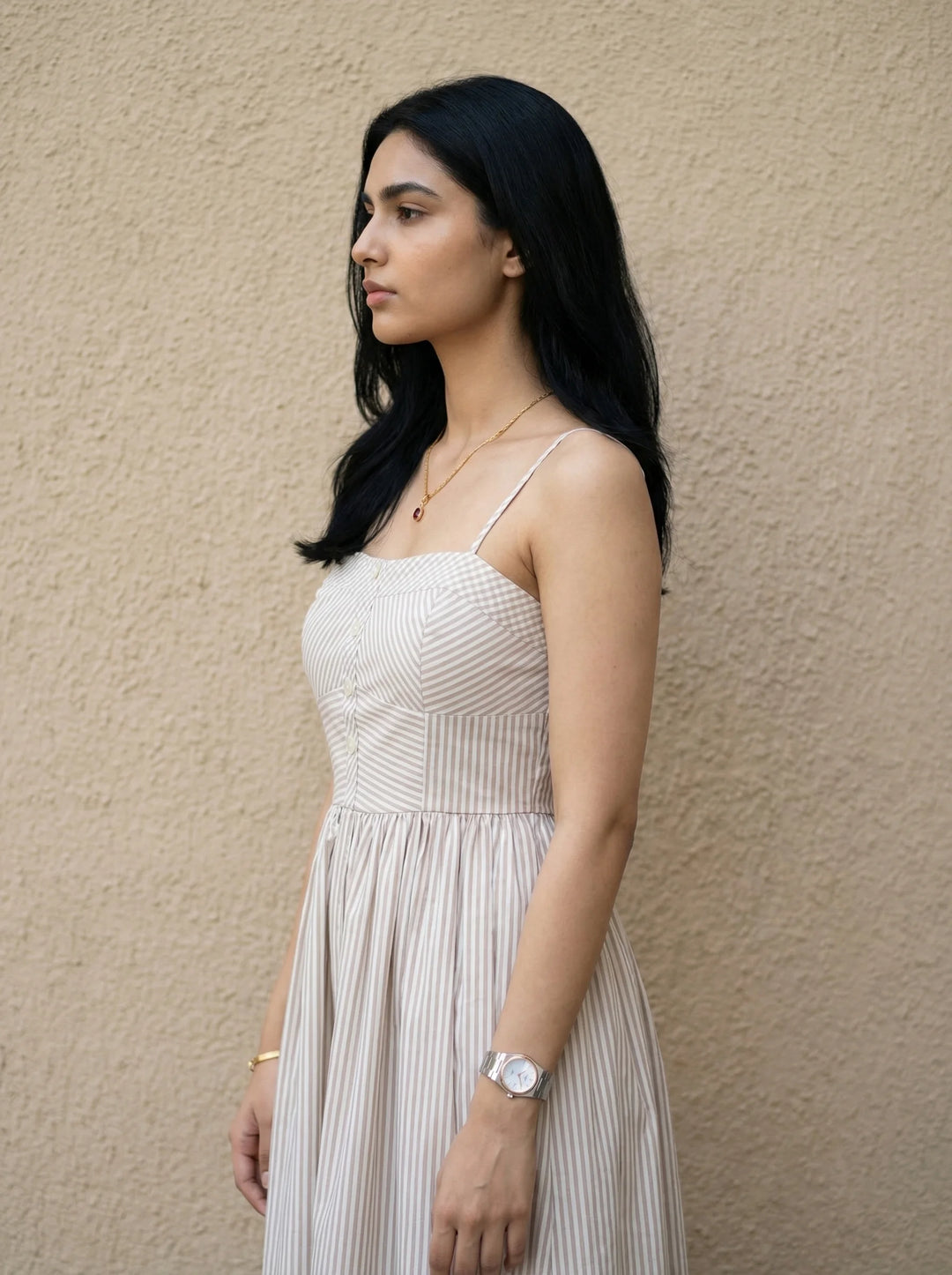 Checks and Stripe dress in Caramel