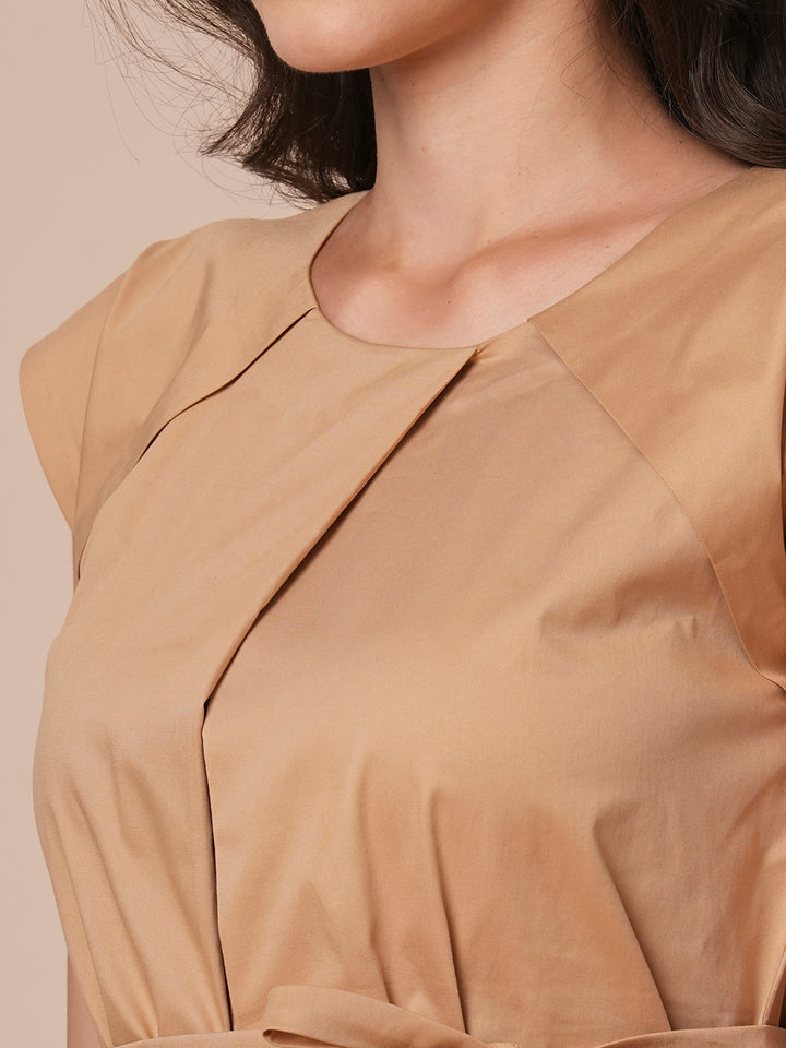Beige Dress With Shoulder Pleat