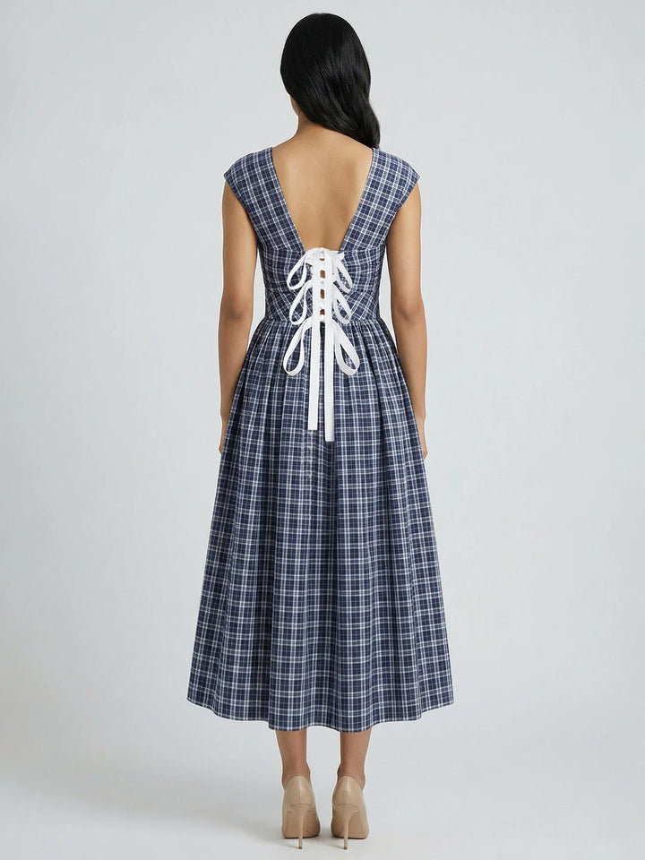 BLUE UNIFORM CHECK DRESS WITH WHITE TIE-UP