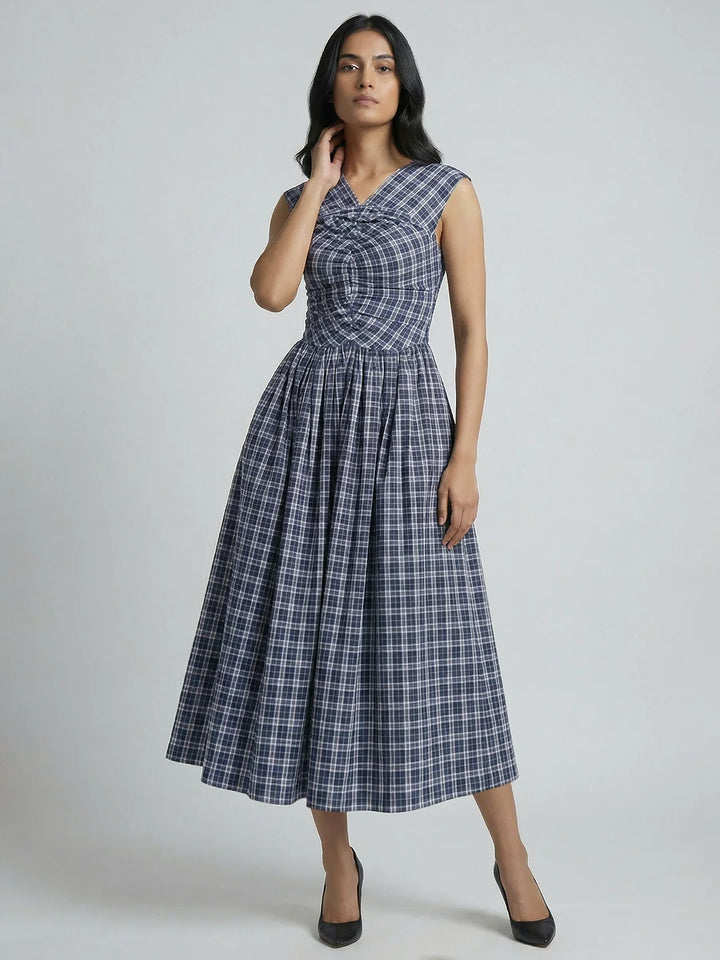 BLUE UNIFORM CHECK DRESS WITH WHITE TIE-UP
