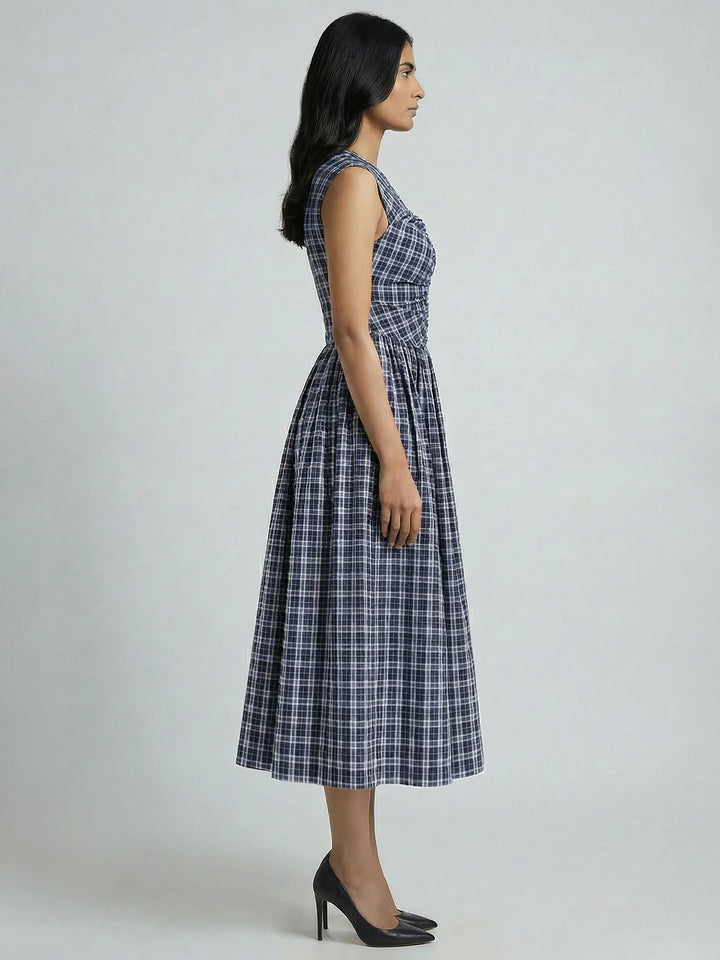 BLUE UNIFORM CHECK DRESS WITH WHITE TIE-UP