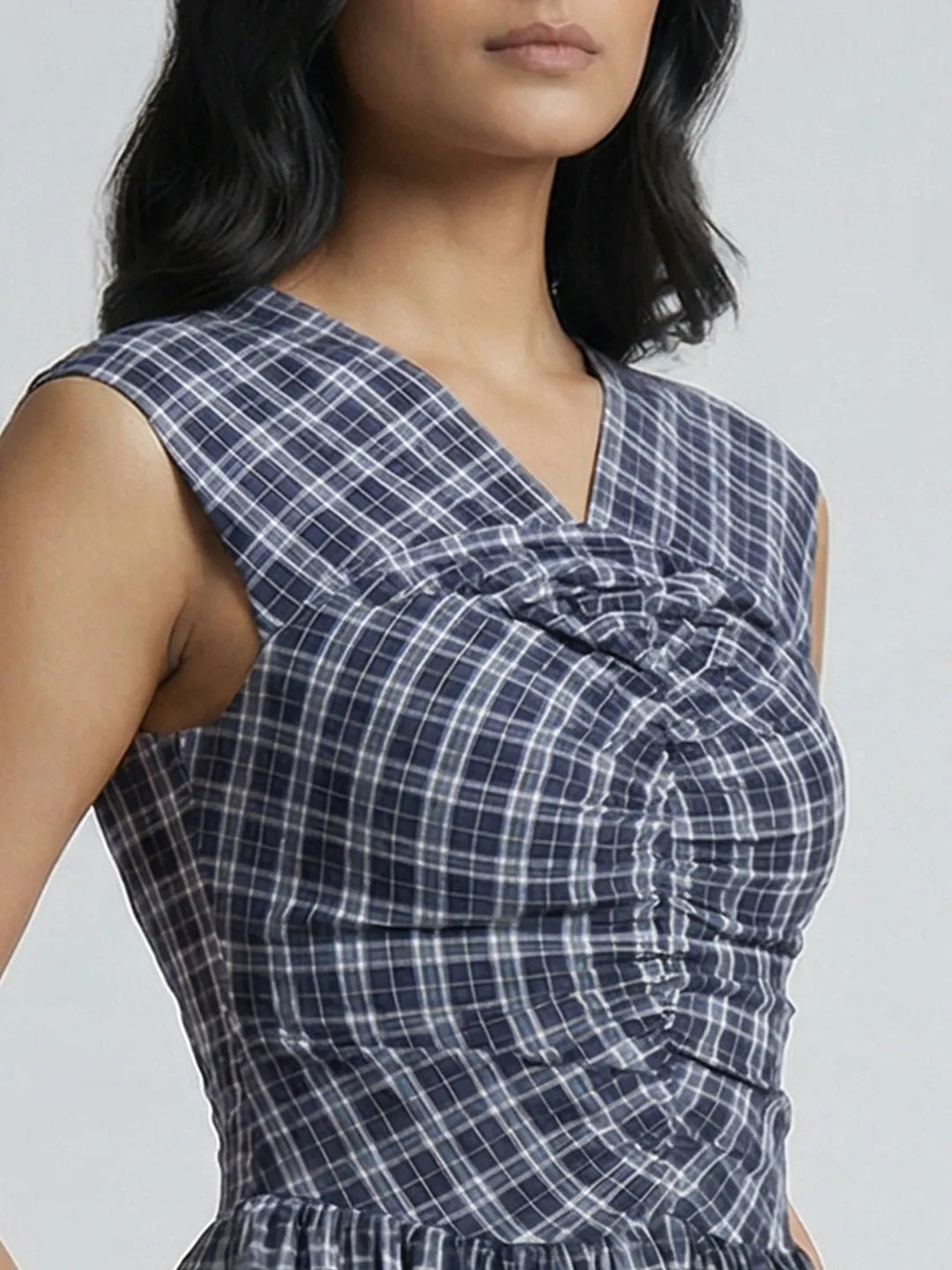 BLUE UNIFORM CHECK DRESS WITH WHITE TIE-UP