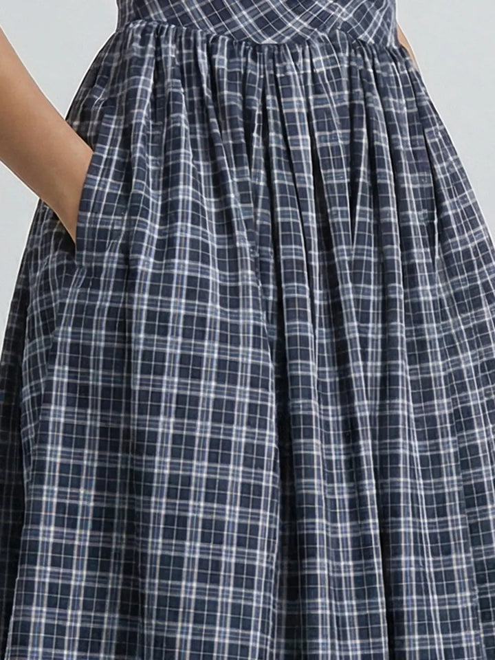 BLUE UNIFORM CHECK DRESS WITH WHITE TIE-UP