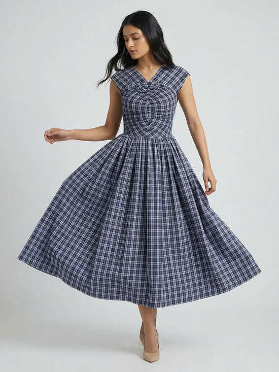BLUE UNIFORM CHECK DRESS WITH WHITE TIE-UP