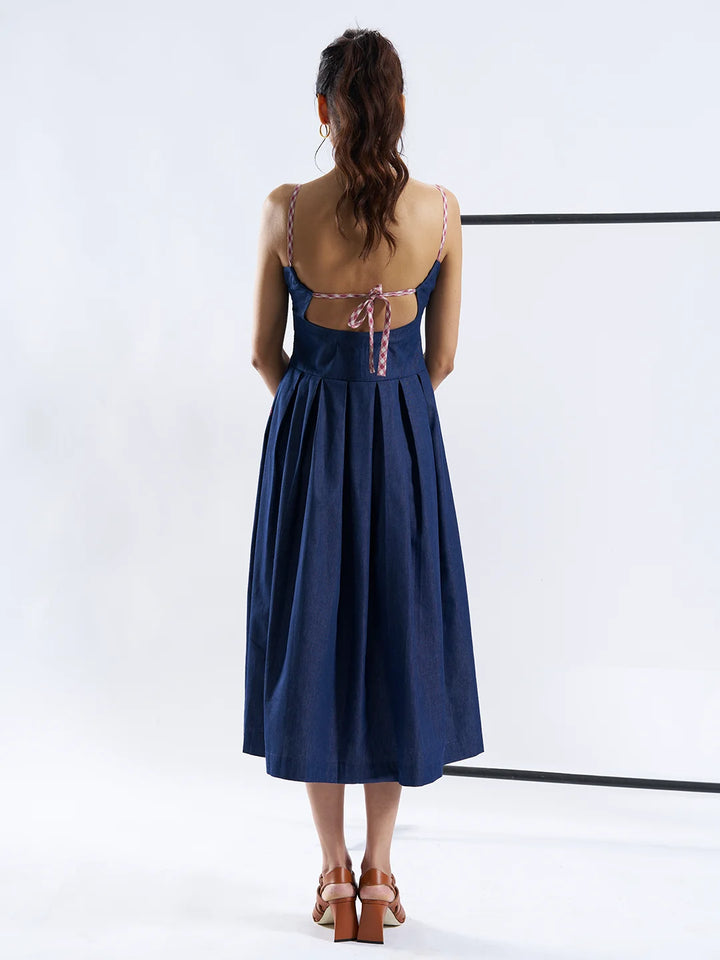 Denim Dress with Checkered Tie-Up Straps
