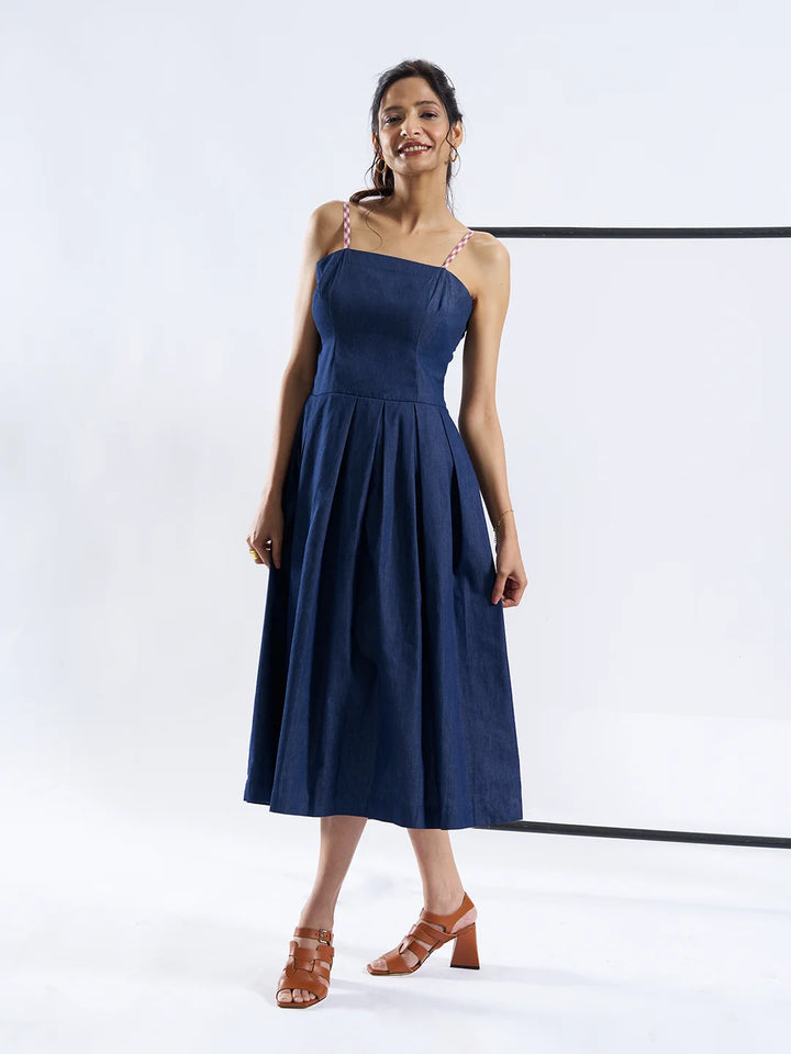 Denim Dress with Checkered Tie-Up Straps