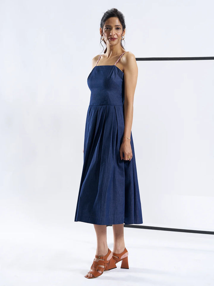 Denim Dress with Checkered Tie-Up Straps