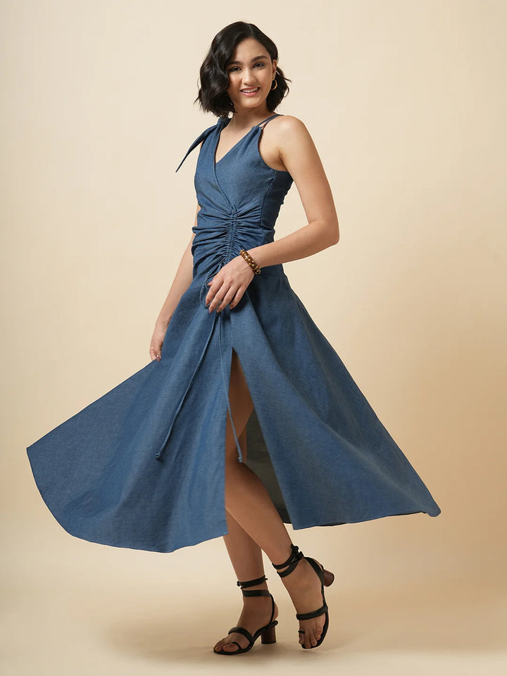 Blue Denim Dress with Slit